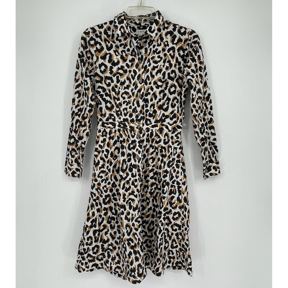 J.Crew Women's Tan Leopard Print Long Sleeve Button Front Shirt Dress Size 2
